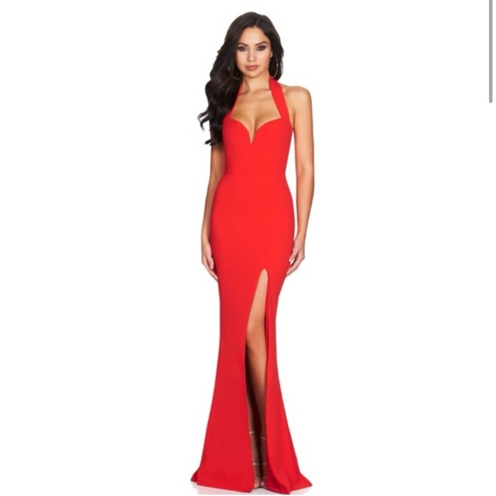 Nookie Red Halter-Neck Maxi Gown with Front Slit
